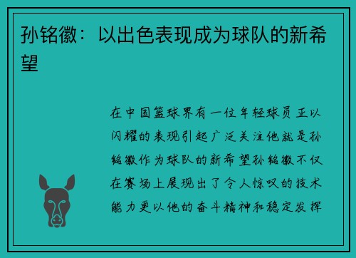 孙铭徽:以出色表现成为球队的新希望 孙铭徽:以出色表现成为球队的新希望