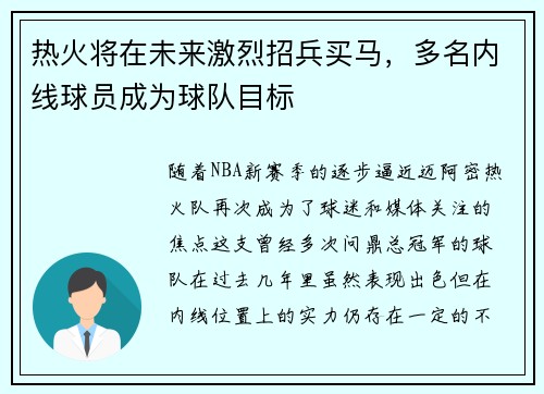 热火将在未来激烈招兵买马，多名内线球员成为球队目标